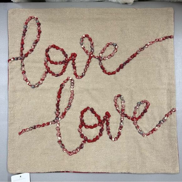 Pottery Barn Love Script Reversible Tan Red Plaid Pillow Cover Cotton Linen NWT - Picture 4 of 8